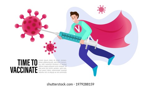 Super Hero Character. Doctor is Hero Holding Vaccine and Flying to Protect People by Fighting Against Covid-19. vector illustration.