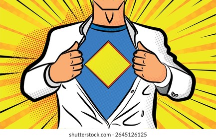 Super hero character opening shirt in a retro pop art style cartoon with halftones