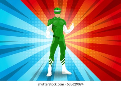 Super Hero character is Wearing green dress In a graceful gesture thumb up on a blue and red cartoon background. vector illustration.