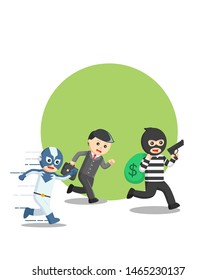super hero chasing criminals vector illustration