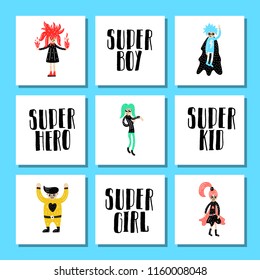 Super Hero Chracter Set. Super Kid Vector Illustration. Childish Print