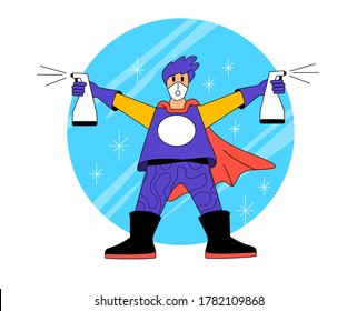 Super hero cleaner. A person dressed as hero wearing protective clothing and carrying two bottles of antibacterial disinfectant cleaner, keeping everything super clean. Vector illustration