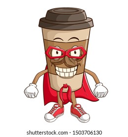 Super hero coffee paper cup cartoon character with funny smile face