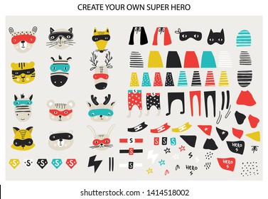 Super Hero collection. Big set of animal faces and Super Hero clothes and elements. Vector illustration