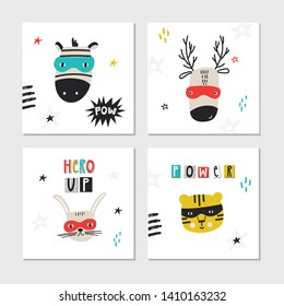 Super Hero - collection of cards with cute and fun kids super hero animals. Vector illustration