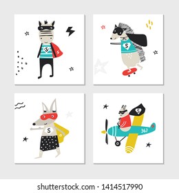 Super Hero - collection of cards with cute and fun kids super hero animals. Vector illustration