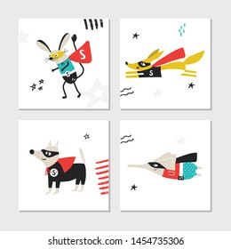 Super Hero - collection of cards with cute and fun kids super hero animals. Vector illustration