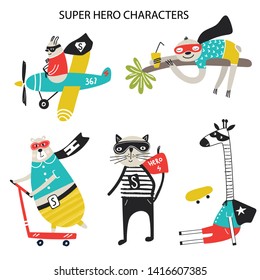 Super Hero - collection of cute and fun kids super hero animals. Big set of characters. Vector illustration