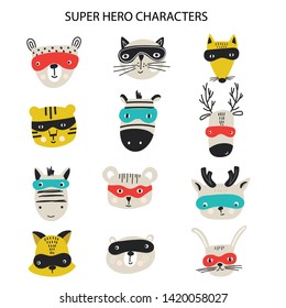 Super Hero - collection of cute and fun kids super hero animals. Big set of characters. Vector illustration