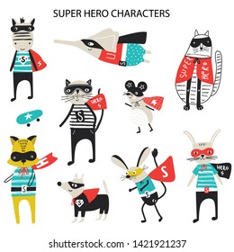 Super Hero - collection of cute and fun kids super hero animals. Big set of characters. Vector illustration