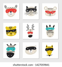 Super Hero - collection of cute and fun kids super hero animals. Big set of characters. Vector illustration