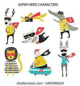 Super Hero - collection of cute and fun kids super hero animals. Big set of characters. Vector illustration