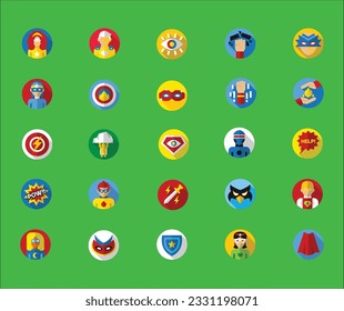 Super Hero Collection Elements color Icons Set Vector. Hero Superman Silhouette And Woman, Face Mask And Muscle Power Concept Linear Pictograms. Monochrome Contour Illustrations. Super Hero Collection