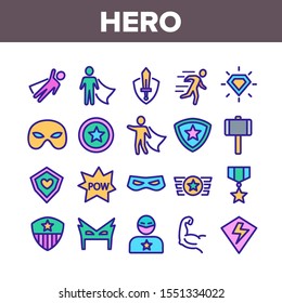 Super Hero Collection Elements Icons Set Vector Thin Line. Hero Superman Silhouette And Captain America, Face Mask And Shield Concept Linear Pictograms. Color Contour Illustrations