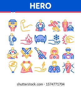 Super Hero Collection Elements Icons Set Vector Thin Line. Hero Superman Silhouette And Woman, Face Mask And Muscle Power Concept Linear Pictograms. Color Contour Illustrations