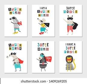 Super Hero - collection of nursery posters with cute and fun kids super hero animals and lettering. Vector illustration