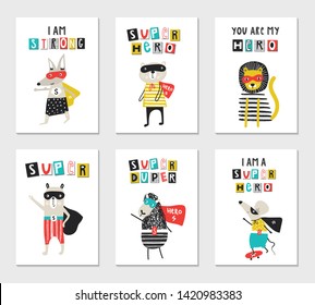 Super Hero - collection of nursery posters with cute and fun kids super hero animals and lettering. Vector illustration