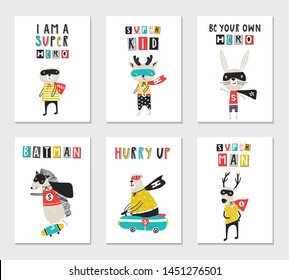 Super Hero - collection of nursery posters with cute and fun kids super hero animals and lettering. Vector illustration