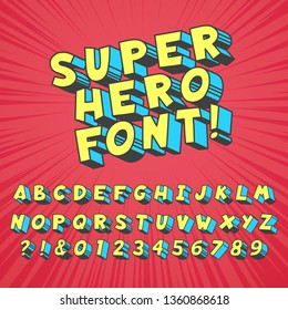 Super hero comics font. Comic graphic typography, funny supers heros alphabet and creative fonts letters. Comics text, retro 3d effect abc and numbers symbol vector set