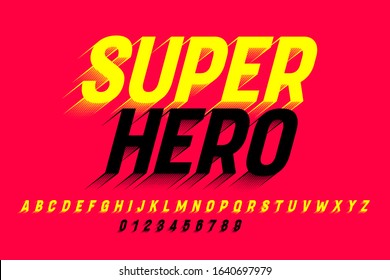 Letra de estilo de historietas Super Hero, letras y números alfabéticos, ilustración vectorial