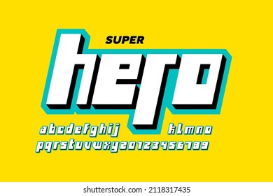 Diseño de tipos de letra de historietas Super Hero, letras alfabéticas y ilustración vectorial de números