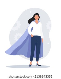 Concepto de superhéroe. Niña con abrigo de trabajo, fuerza femenina y motivación. Empleado trabajador. Psicología de líder, alta autoestima. Metáfora de una mujer valiente de negocios. Dibujo vectorial plano de dibujos animados