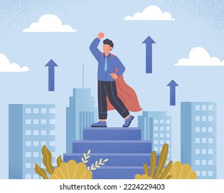Super hero concept. Man in raincoat stands on roof of building and solemnly raises his fist up. Motivation and leadership metaphor. Poster or banner for website. Cartoon flat vector illustration