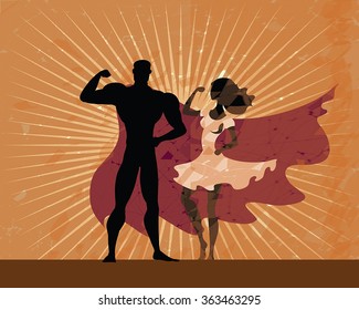 Super hero couple - man and woman black silhouettes posing on grunge sunburn background. Heroes couple on vintage background. Man wear red cloak, woman in white dress. Retro american poster style.