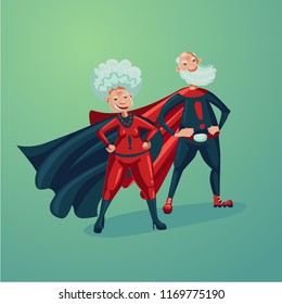 Super hero couple. Old lady and senior adult man. Comics style vector illustration.