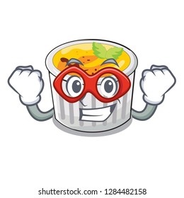 Super hero creme brule in white cartoon bowl