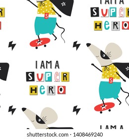 Super Hero - Cute and fun kids seamless pattern with mouse and lettering. Vector illustration.