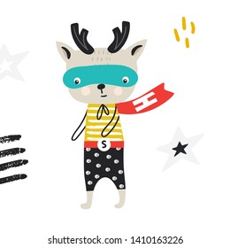 Super Hero - cute and fun kids nursery poster with little deer animal in hero mask. Vector illustration