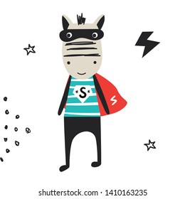 Super Hero - cute and fun kids nursery poster with horse animal in hero mask. Vector illustration
