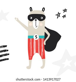 Super Hero - cute and fun kids nursery poster with little bear animal in hero mask. Vector illustration
