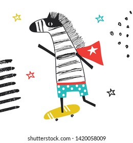 Super Hero - cute and fun kids nursery poster with little zebra animal in hero mask rides on skateboard.