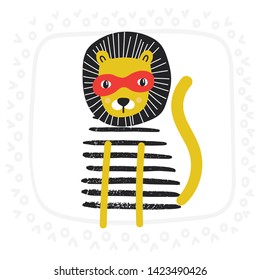 Super Hero - cute and fun kids nursery poster with little tiger animal in hero mask. Vector illustration