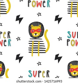 Super Hero - Cute and fun kids seamless pattern with tiger and lettering. Vector illustration