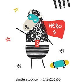 Super Hero - cute and fun kids nursery poster with little sheep animal in hero mask rides on skateboard.
