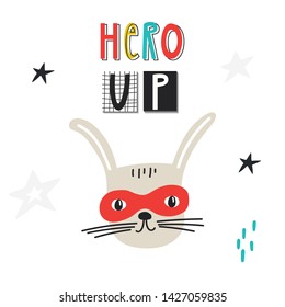 Super Hero - cute and fun kids nursery poster with hare animal and hand drawn lettering. Vector illustration.