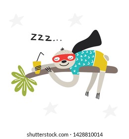 Super Hero - cute and fun kids nursery poster with little sloth animal in hero mask sleeping on a tree.