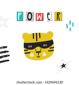 Super Hero - cute and fun kids nursery poster with tiger animal and hand drawn lettering. Vector illustration.
