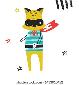 Super Hero - cute and fun kids nursery poster with little fox animal in hero mask. Vector illustration