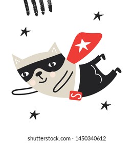 Super Hero - cute and fun kids nursery poster with little cat animal in hero mask. Vector illustration