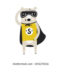 Super Hero - cute and fun kids nursery poster with little bear animal in hero mask. Vector illustration