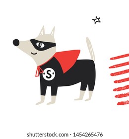 Super Hero - cute and fun kids nursery poster with little dog animal in hero mask. Vector illustration
