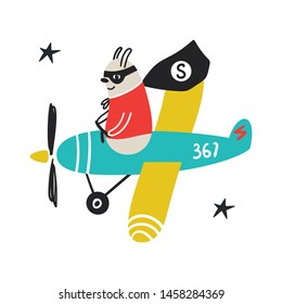 Super Hero - cute and fun kids nursery poster with little bear animal in hero mask rides by plane.
