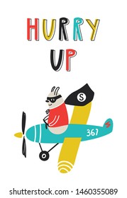 Super Hero - Cute and fun kids nursery poster with bear animal on a plane and hand drawn lettering.