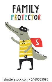 Super Hero - Cute and fun kids nursery poster with crocodile animal and hand drawn lettering.