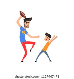 Super hero dad character playing American football with his son vector Illustration on a white background