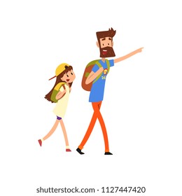 Super hero dad and his daughter with backpacks vector Illustration on a white background
